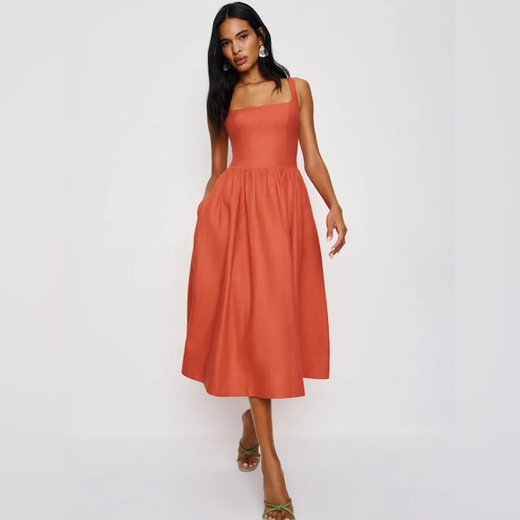 NEW Reformation Janu Midi Linen Dress Red Coral Orange | US 0 UK 4 - Picture 5 of 16